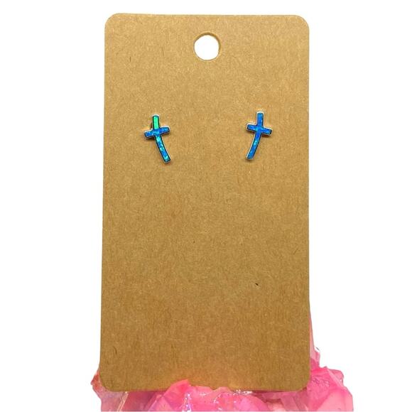 Blue Fire Opal Cross Earrings Solid 925 Sterling Silver Post Stud Pierced Gift - Picture 2 of 9